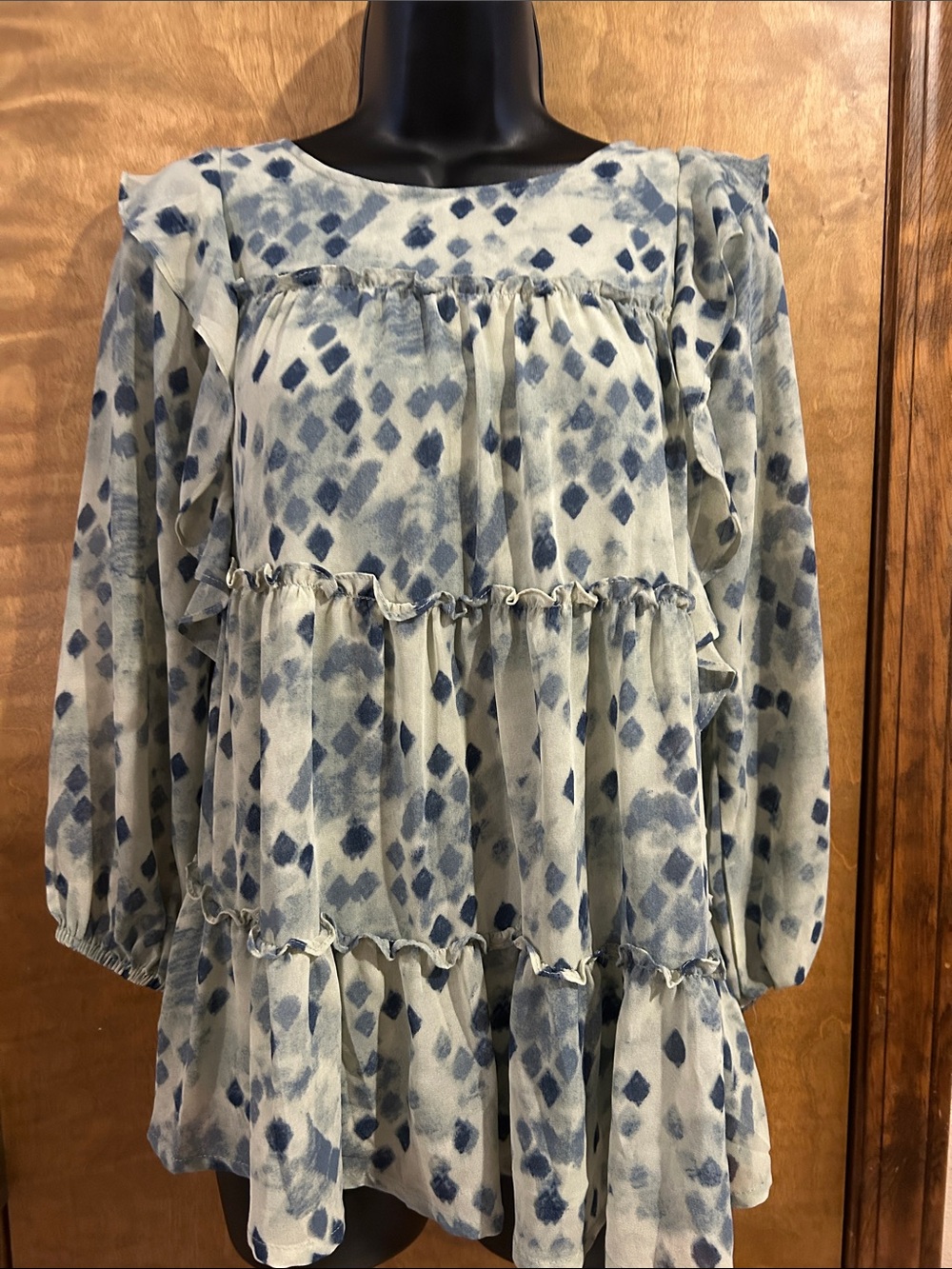 Blue Diamond-Print Tiered Long-Sleeve Dress